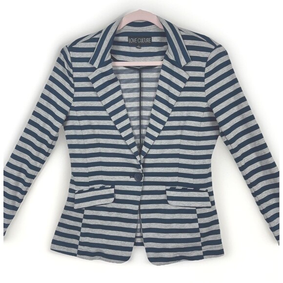 Knit Blazer Womens SZ LG Blue Stripes Gray Lightweight Preppy Trendy College - Picture 1 of 11